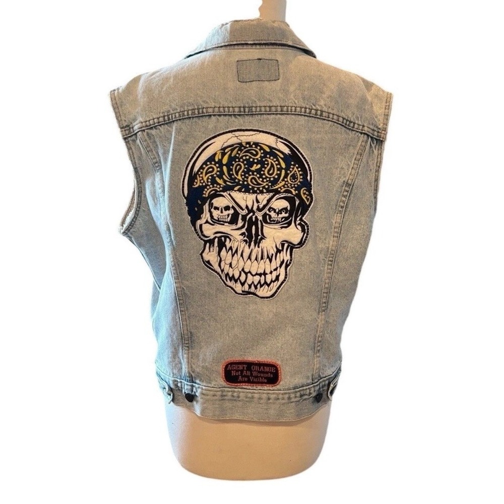 80s Vtg Levi's Denim Trucker Vest Custom Skull Agent Orange Biker USA Distressed